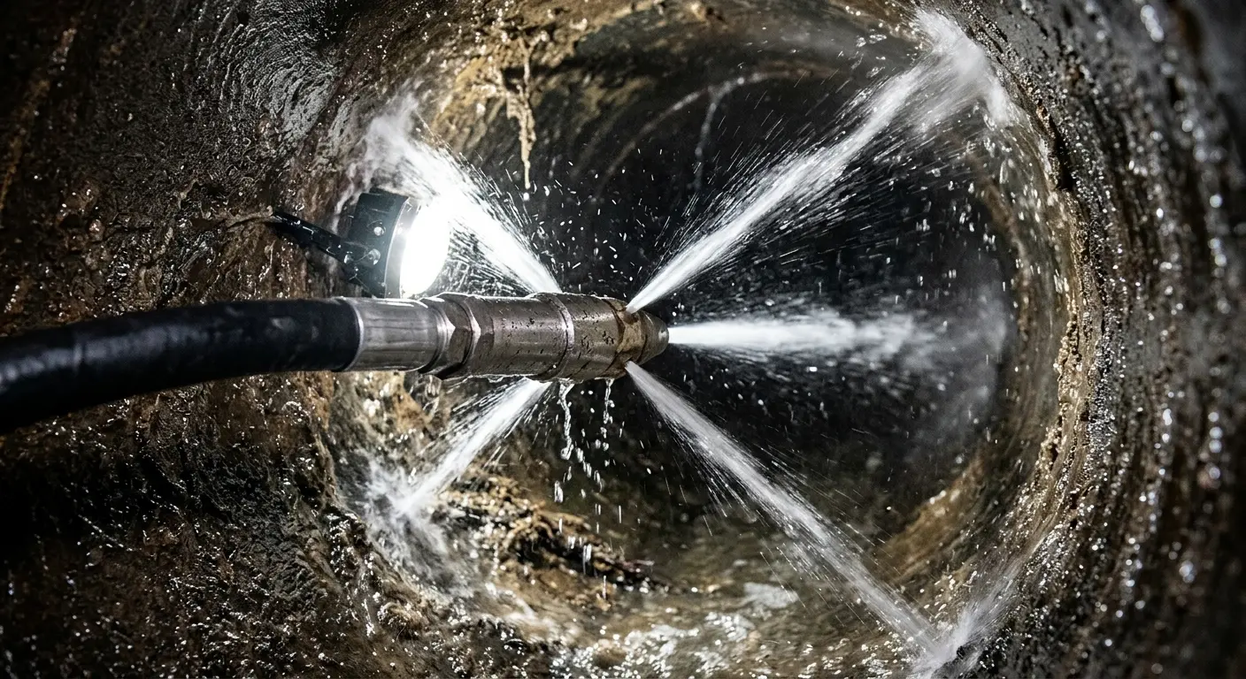 High-pressure hydro jetting nozzle cleaning sewer pipe for Trenchless Sewer Repair in McCordsville
