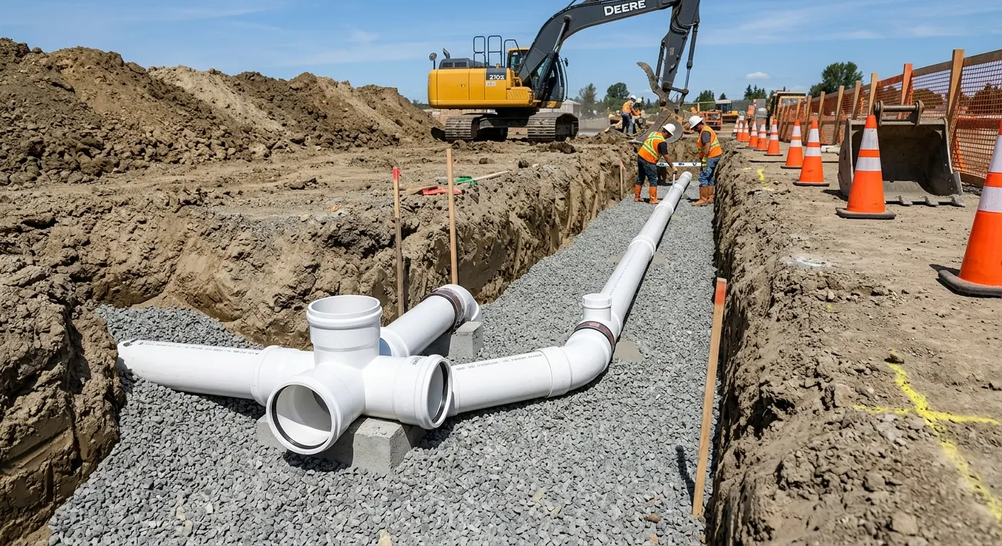 New PVC sewer pipe installation in open trench for Grease Trap Cleaning in McCordsville