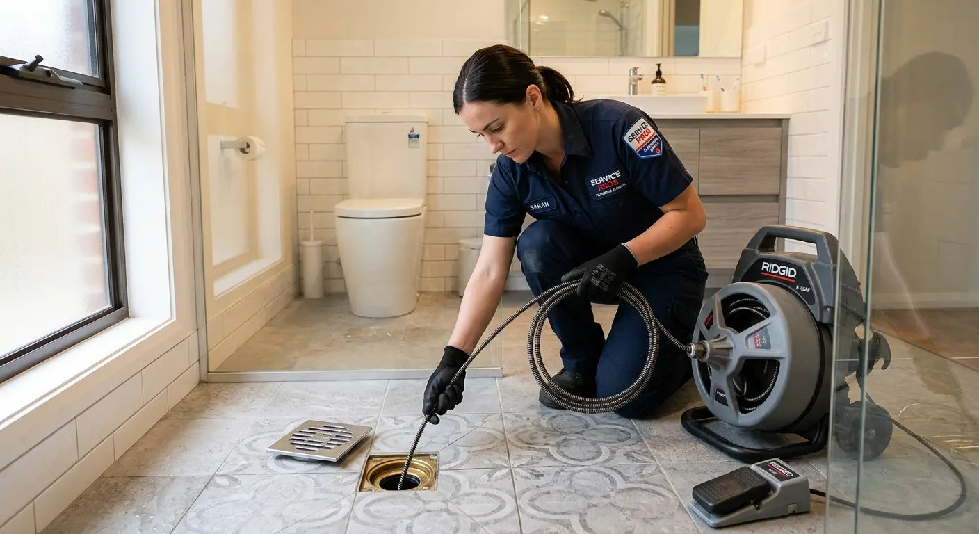 Technician clearing a bathroom floor drain for Drain Repair in McCordsville